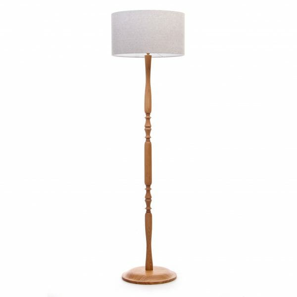 Classic Oak floor lamp with Grey linen shade, wooden floor lamp