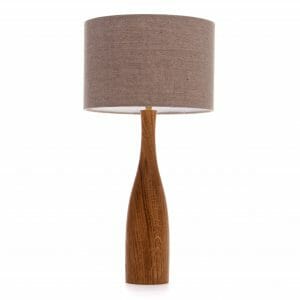 Large Oak bottle table lamp with Grey linen shade