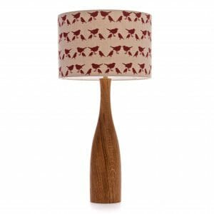 Large Oak bottle table lamp with Red birdie shade