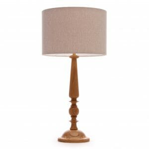 Large Oak Candlestick table lamp with Cream linen shade