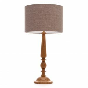 Large Oak Candlestick table lamp with Grey linen shade
