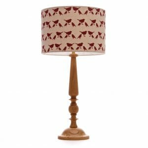 Large Oak Candlestick table lamp with Red birdie shade