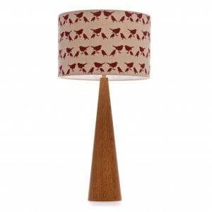 Large Oak Cone Table lamp with Red birdie shade