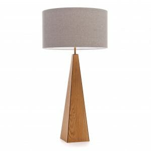 Oak and Walnut large pyramid table lamp with Grey shade