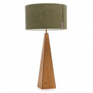 Oak and Walnut large pyramid table lamp with Green Harris tweed shade