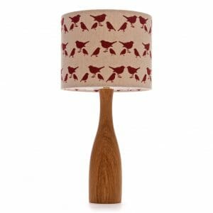 Oak bottle bedside table lamp with Red birdie shade