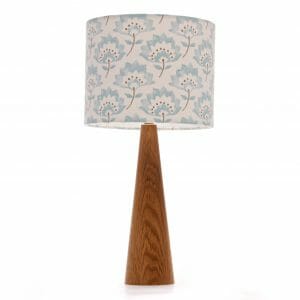 Oak cone bedside table lamp with Blue Gracie Clarke and Clarke shade