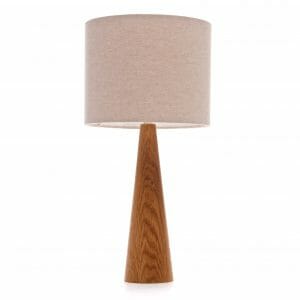 Oak cone bedside table lamp with cream linen shade