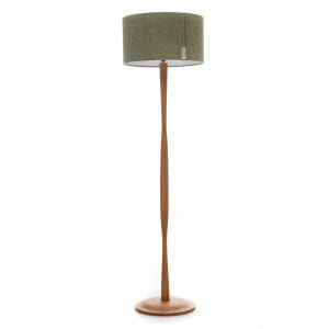 Modern Oak floor lamp with Green Harris Tweed shade, wooden floor lamp