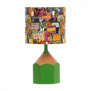 Green pencil lamp with lampshade made with Star Wars comic fabric
