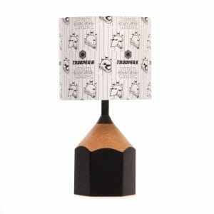 Black pencil lamp with lampshade made using Star Wars Storm Trooper fabric